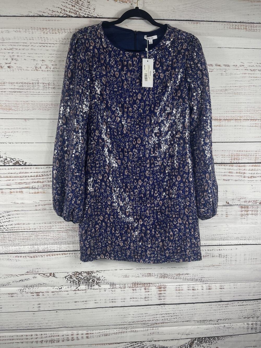 BTFL-life Dress Women's Large Blue Sequin Animal Print Shift Long Sleeve Party
